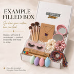Surprise & Shine custom gift box filled with makeup brushes, false lashes, butterfly necklace, scrunchies, makeup sponges, and a bamboo toothbrush.