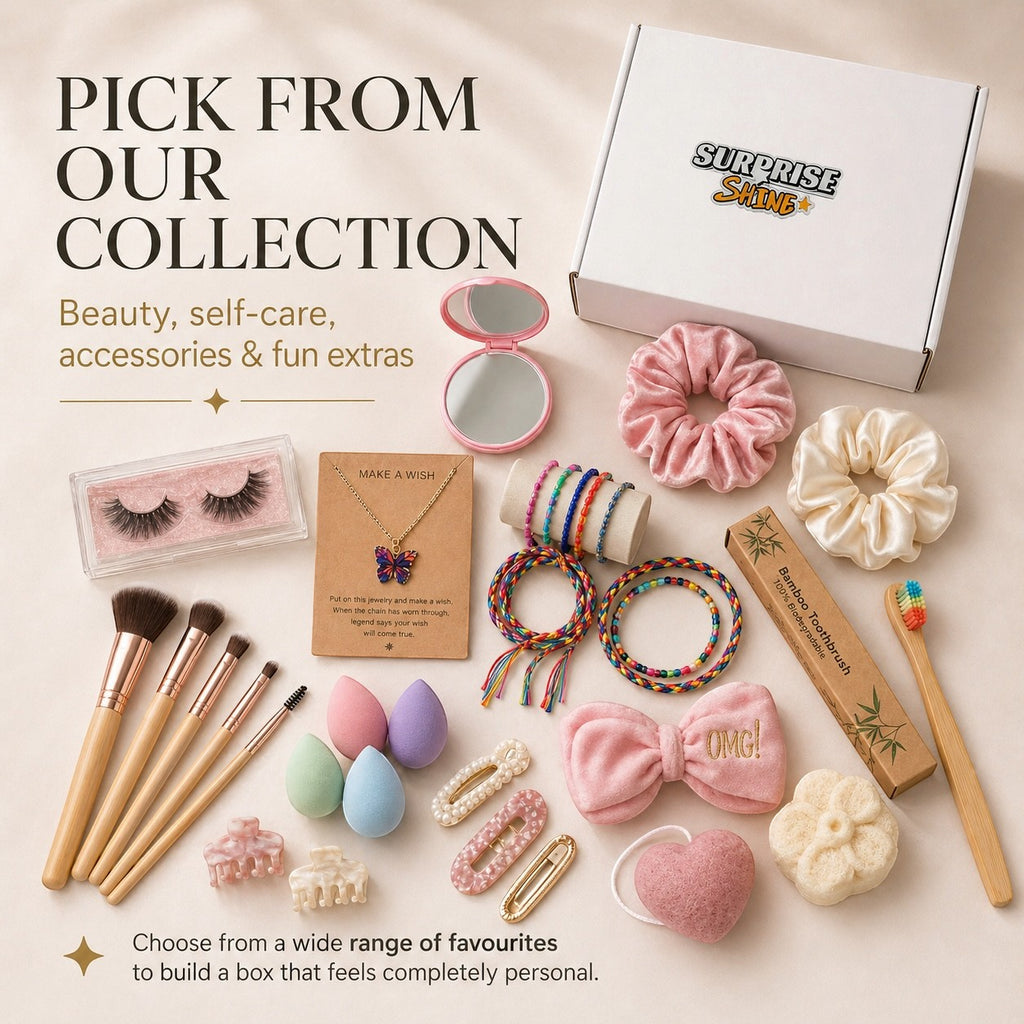 Surprise & Shine customizable gift box with makeup brushes, false lashes, butterfly necklace, scrunchies, bracelets, hair clips, and bath bombs.