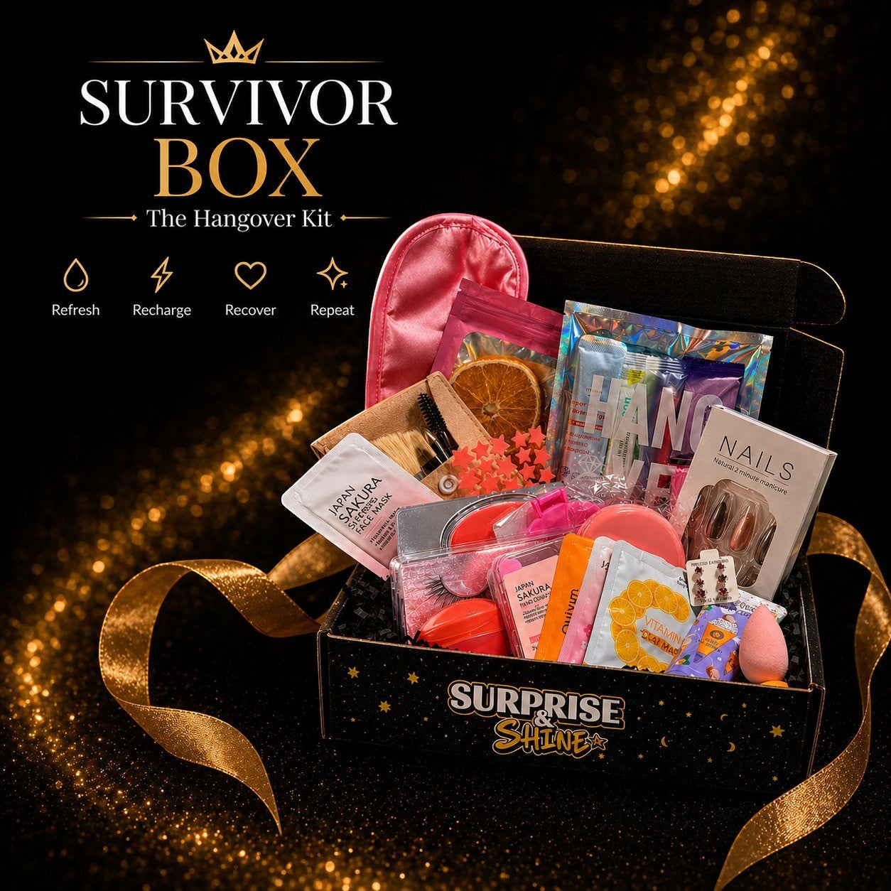 Surprise & Shine Survivor Box hangover kit with face masks, sleep mask, nail kit, and beauty blender.