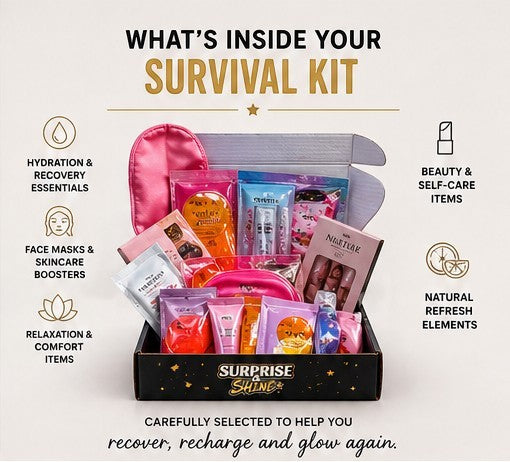 Surprise & Shine SURVIVOR Hangover Mystery Box filled with face masks, skincare, hydration essentials, and relaxation items.