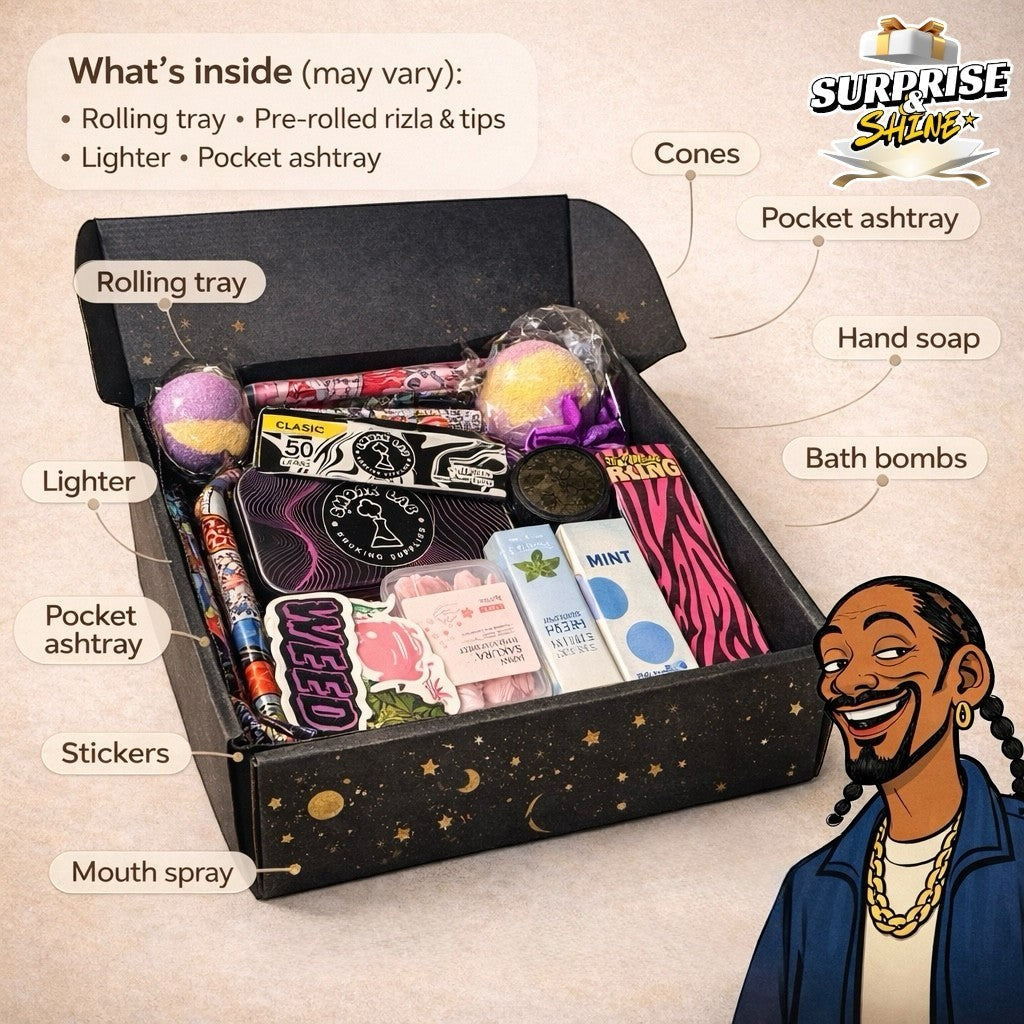 Surprise & Shine lifestyle box filled with rolling papers, cones, lighter, pocket ashtrays, stickers, mouth spray, hand soap, and bath bombs.
